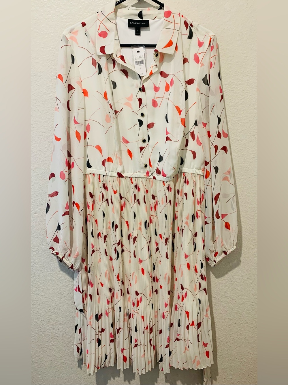 Lane Bryant Cream Dress with Coral, Pink and Black Leaf Printy